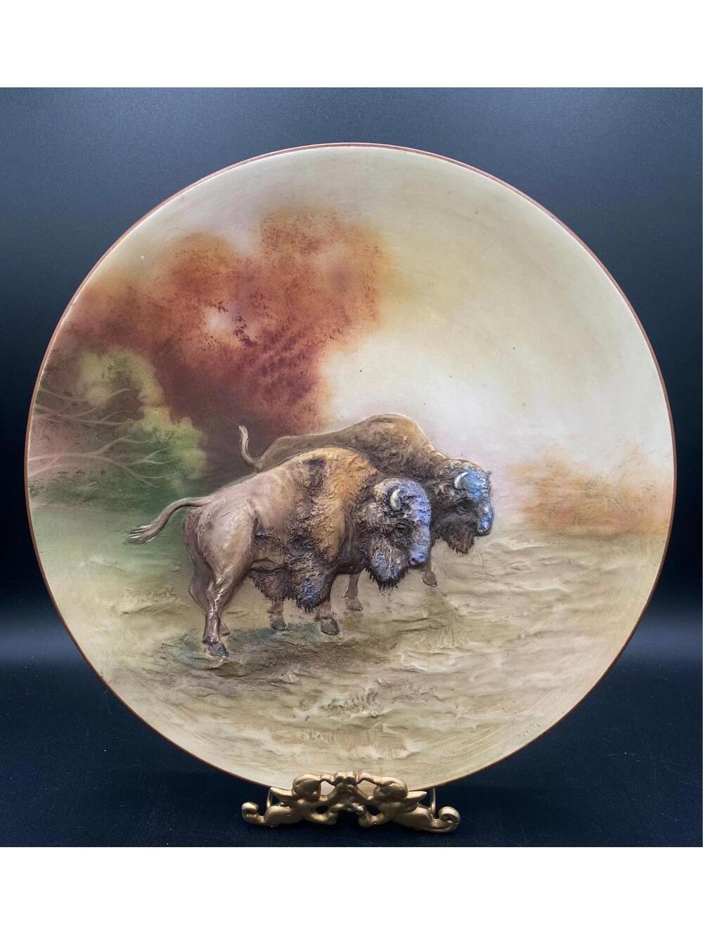 Antique Hand Painted Nippon Moriage Buffalo Bison Plate Raised Relief Porcelain